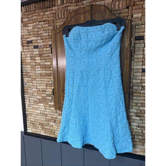 Lilly Pulitzer Vicki Dress Women 2 Teal Strapless Mini Daisy Embroidered - Picture 3 of 7